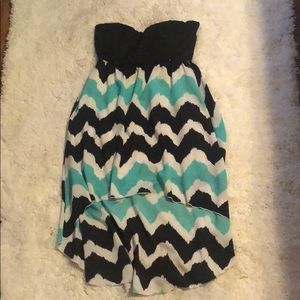 Black, white and teal blue strapless dress